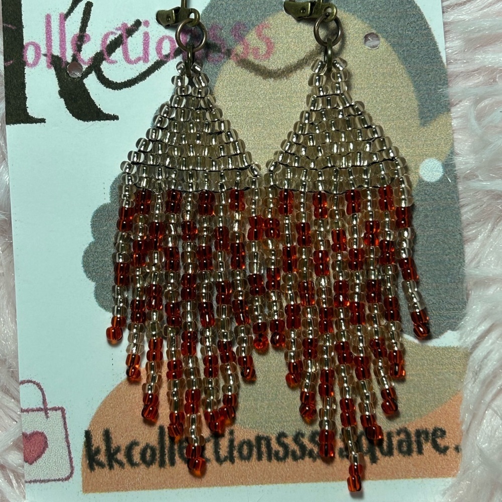 Clear & Amber Fringe Beaded Earrings - Picture 2 of 2